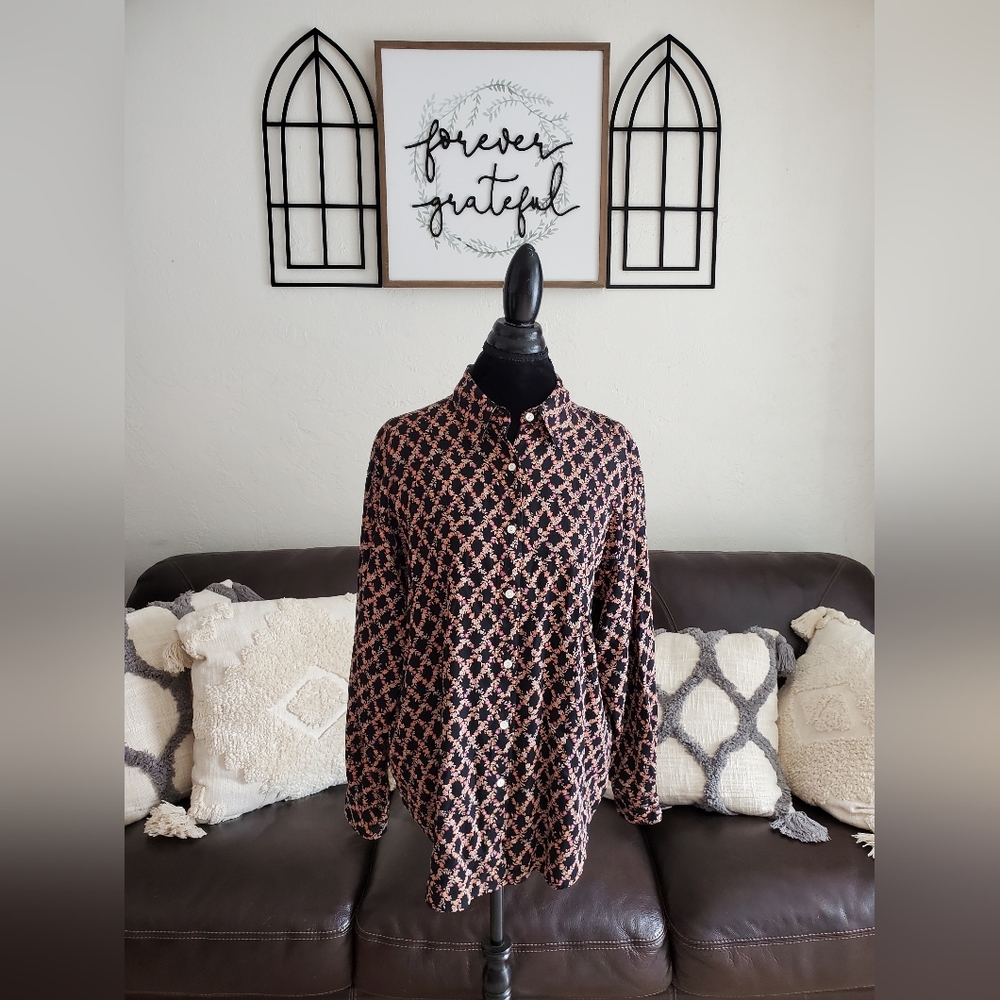Vintage Y2K 90's Black Floral Print Corduroy Button Up Shirt Size L Boho Chic